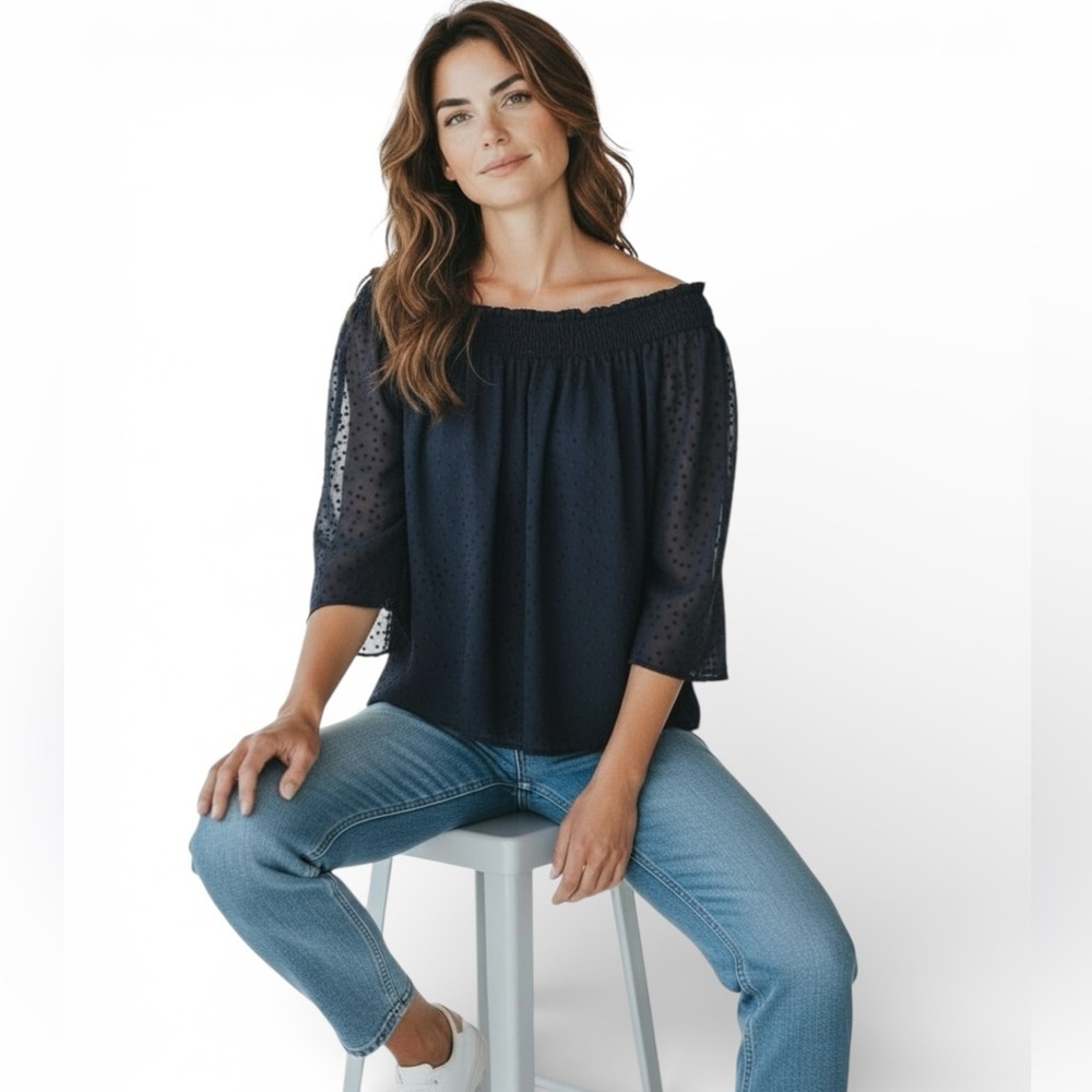 Zara Basic | Navy Sheer On/Off Shlder Blouse Sz S